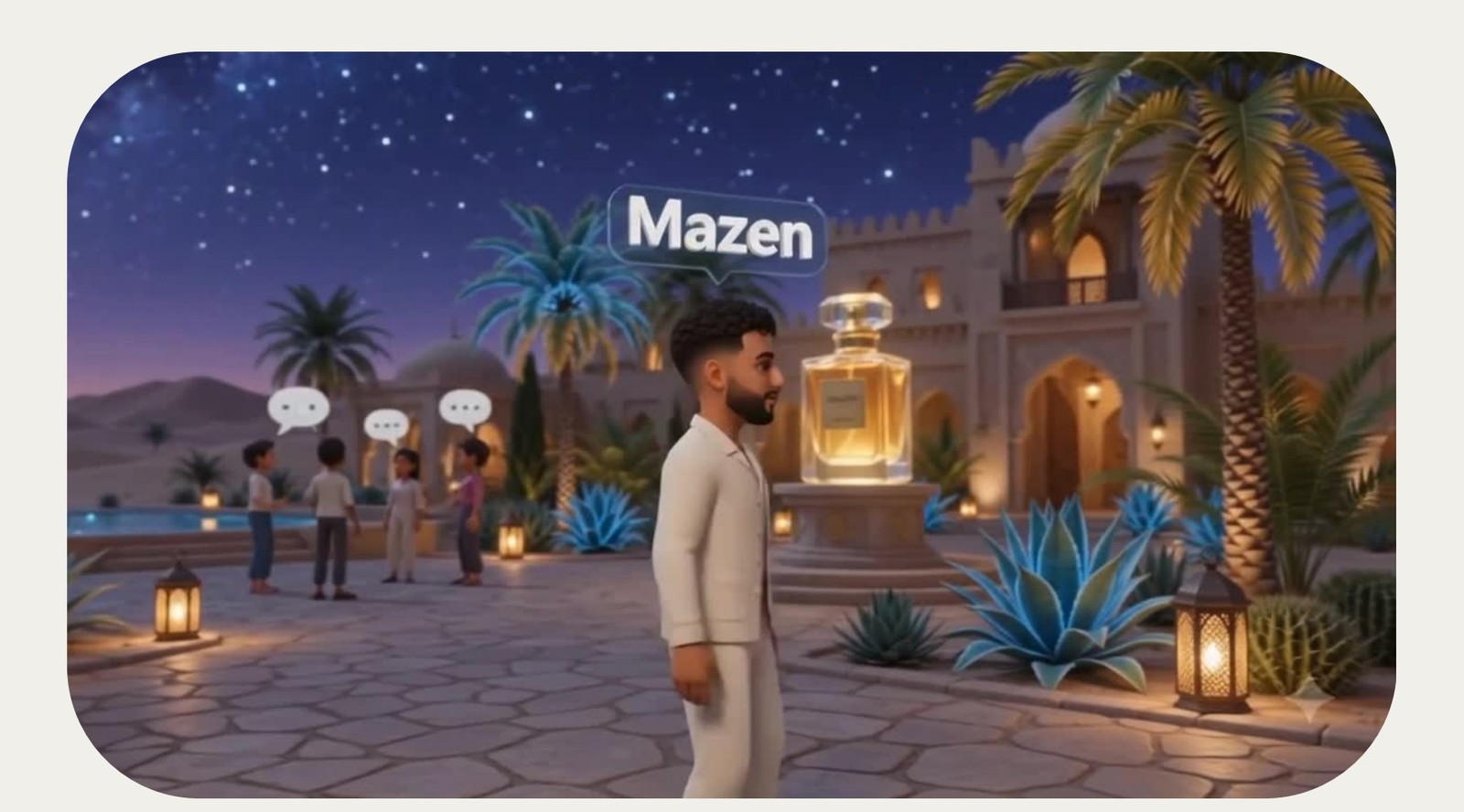 Oudland concept visualisation: an avatar in a digital Arabian oasis at twilight beside a large illuminated perfume bottle