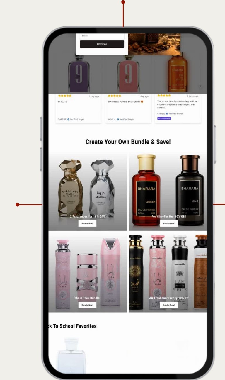 Oudlash mobile storefront showing fragrance listings, verified reviews and bundle offers