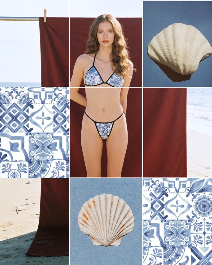 Maison Alexandria editorial grid: blue-and-white tile print swimwear photographed against a deep red backdrop, seashells and hand-painted tiles