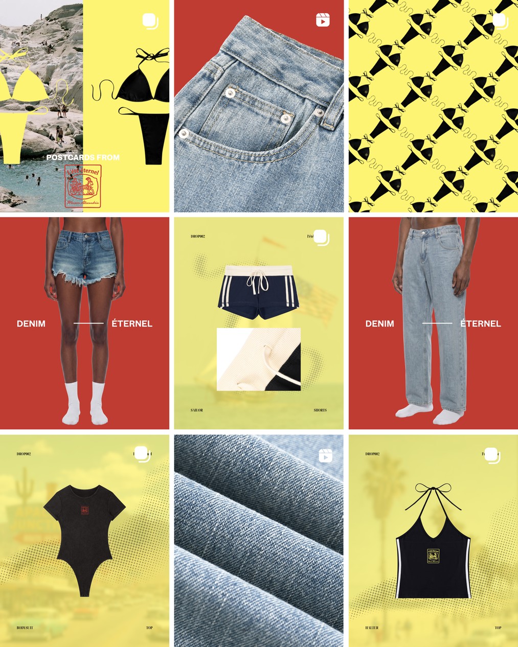 Maison Alexandria Denim Éternel social grid of denim and swim pieces